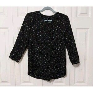 NYDJ Women's Blouse Top Black Pink Bow Arrows Button Front Pleated Back Sz Small